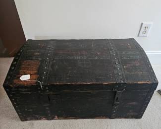 U17 - $125. Antique Wooden Chest. No. 4 stenciled on the top. Measures 31" wide x 18" deep x 14" tall.