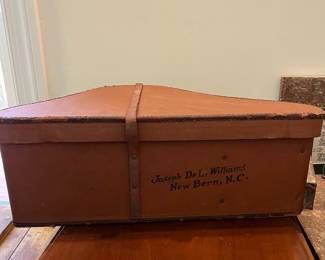 S40 - $50. Knights of Templar Hat Box (box only!) Measures 20" x 11" x 7.75". The back reads "Joseph DeL. Williams New Bern, NC."