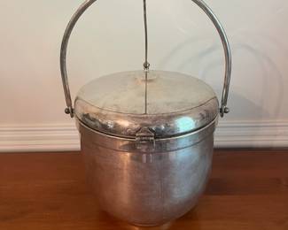 D4- $25. Vintage Gorham Silver Plate Ice Bucket with Milk Glass Insert. Measures 9.25" wide x 14" tall