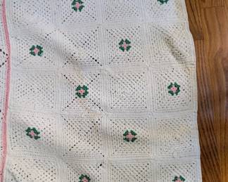 S15 - $60. Crocheted Bed Spread for a Queen Bed. Measures 116" wide x 95"Long (has staining and includes extra panels)