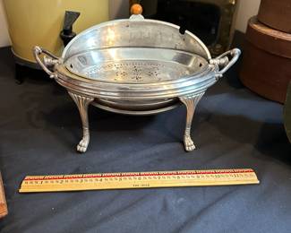 L18 - $35. Antique English Silversmiths Silver Plate Dome Top Server. Measures 12" wide x 8" deep x 4.75" tall.
