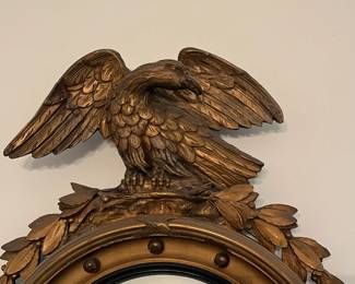 D46- $300. Antique Federal Bullseye Eagle Mirror. Measures 16.5" wide x 27" tall. One wing has been repaired.