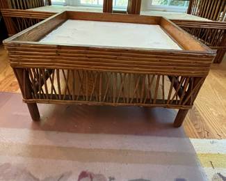 S47 - $175. Antique Rattan Set - NO CUSHIONS. Measures 26" wide x 10" floor to seat x 28.5" tall. Ottoman is 22" square x 11" tall.