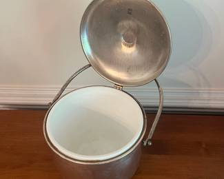 D4- $25. Vintage Gorham Silver Plate Ice Bucket with Milk Glass Insert. Measures 9.25" wide x 14" tall