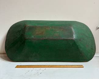 L36 - $60. Primitive / Antique Dough Bowl with Green Exterior Paint. Measures 20" wide x 9.5" deep x 3.5" tall