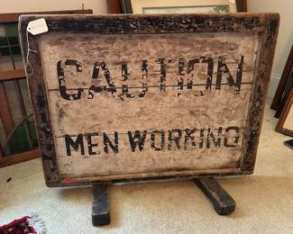 U8 - $500. Antique Double Sided Wooden (Railroad?) Construction Sign. Measures 26.5" x 22".