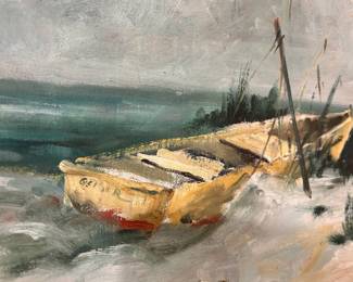 B7 - $85. Original Boat Painting. (Boat is signed Geiser - might be Lucille Geiser.) Measures 23.75" x 19.75".