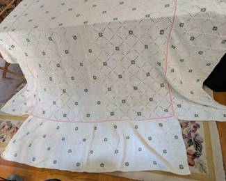 S15 - $60. Crocheted Bed Spread for a Queen Bed. Measures 116" wide x 95"Long (has staining and includes extra panels)