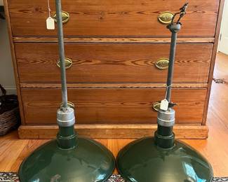 F51- $125 Each. 2 Available. 1930's Benjamin Green Enamel Industrial Lights. Lt- 19dx31t. Rt 18dx26