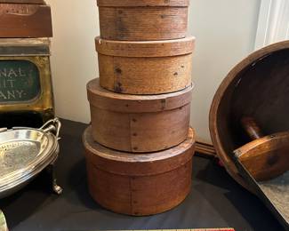L20 - $140 Set of 4 Shaker Boxes / Pantry Boxes. The do nest together. Largest measures 9.75" wide x 4.75" tall, smallest measures 6.5" wide x 3" tall. The largest is marked with "HJ" on the bottom.