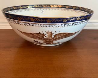 D30- $70. Chinese Export Armorial Eagle Gold Gilt Porcelain Bowl. Measures 12.25" round x 4.75" tall.