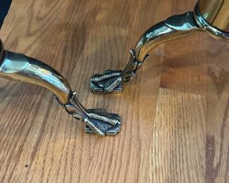 L41 - $150 PAIR. Cannonball Brass Andirons. Measures 10" wide x 17" deep x 17.5" tall. Webbed Foot Base.