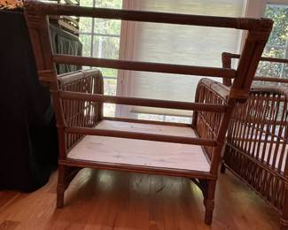 S47 - $175. Antique Rattan Set - NO CUSHIONS. Measures 26" wide x 10" floor to seat x 28.5" tall. Ottoman is 22" square x 11" tall.