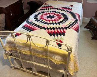A24 - $400. Brass Beds of VA headboard + footboard. Off white color. Mattress is clean and included if you want it. A25 -PENDING $75. Twin size quilt in excellent condition. Hand Quilted. (Headboard measures 38" wide x 78" deep x 54" tall. Footboard measures 38" wide x 33" tall.)