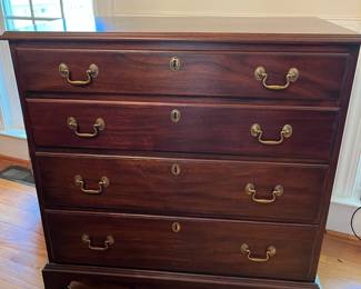 D54- $550. Virginia Galleries Furniture by Henkel-Harris. Measures 43" wide x 19.25" deep x 34.25" tall. Slight Sun Fading on Right Side - all drawers slide. Structurally good!