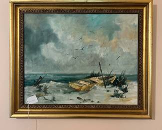 B7 - $85. Original Boat Painting. (Boat is signed Geiser - might be Lucille Geiser.) Measures 23.75" x 19.75".