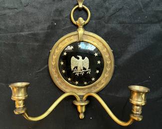 S27 - $60. Antique Federal Eagle Wall Sconce. Measures 9.5" wide x 4.5" deep x 10.5" tall.