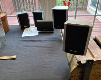 L30 - $30. Pioneer Speaker Set of 5. S-FCRW240B-S. Measures 4.5" wide x 3" deep x 6" tall. Includes 2 OmiMount TSS2 Speaker Stands. Measure 35" tall.