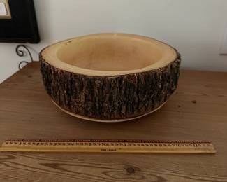 F21- $15. Acacia Wood Bowl. Measures 9.5" wide x 9" deep x 4" tall.
