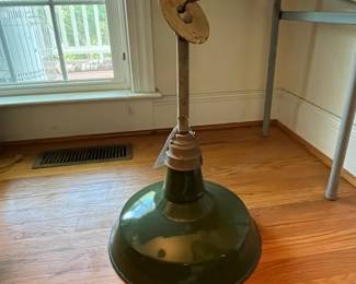 F48 - $80. Vintage Green Enamel Industrial Lamp. 14dx9t Benjamin?