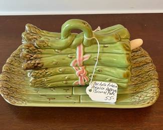 D37- $55. Bordallo Pinheiro Majolica Asparagus Tureen with Plate. Measures 10.5" wide x 5.75" deep x 5.75" tall.