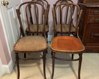 A26 - $60 Set of 4 chairs measuring 15.5" wide x 18.5" deep x 37" tall, floor to seat measures 18.5" tall. One has been redone with a leather seat - the other 3 are early project phases!