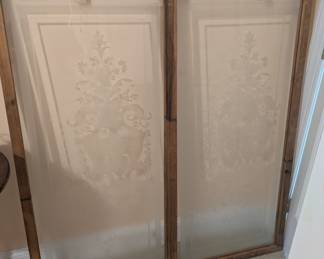H24 - $1000 PAIR. Vintage French Etched Glass Windows. In the wooden frames measures 24" wide x 49.5" tall. No chips/cracks noted.