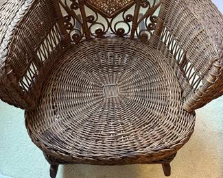 A10 - $500 Victorian Wicker Rocker. Measures 26" wide x 33" deep x 44" tall. Floor to Seat measures 17" tall. Overall in very good condition - 2 very minor breaks in the wicker noted.