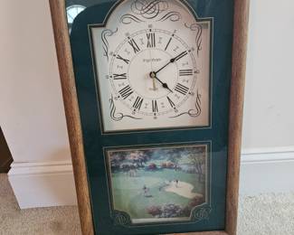 U16 - $15. Vintage Ingraham Wood Framed Golf Clock. Needs repair to the wooden frame. Measures 13.75" wide x 24" tall.