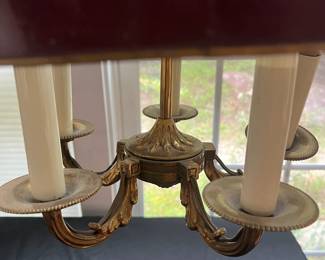 S32 - $100. French Tole Shade - 5 Arm Brass Hanging Light Fixture. Adjustable.