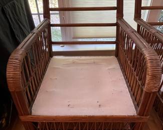 S47 - $175. Antique Rattan Set - NO CUSHIONS. Measures 26" wide x 10" floor to seat x 28.5" tall. Ottoman is 22" square x 11" tall.