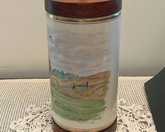F53- $575. Frank Vosmanski Hand Painted Golfer Lamp. Base is 5.25 d x 20.5" tall.