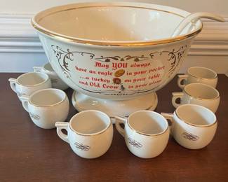 D33- $85. Vintage 1950s Old Crow Whiskey Punch Bowl (13" wide) with Ladle + 8 mugs.