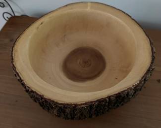 F21- $15. Acacia Wood Bowl. Measures 9.5" wide x 9" deep x 4" tall.