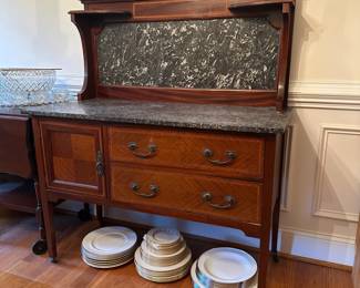 D56 - $400. Edwardian Mahogany Marble Top Washstand. Measures 42" wide x 19" deep x 49" tall. Drawers slide - door opens. Overall excellent condition!