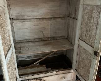 F35- $100. Antique Farmhouse Pie Safe. Measures 33.5" wide x 16" deep x 58.5" tall. Needs repair - project piece - not ready for use!