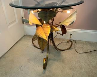 A28 - $300. Italian Lighted Pedestal Table. Hollywood Regency Style. Has "Made in Italy" metal tag still attached. Measures 24" round x 21" tall with glass. WORKS!