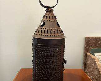 S42 - $70. Hand Punched Antique Paul Revere Candle Lantern. Measures 6.25" wide x 16.5" tall.