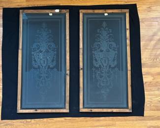 H24 - $1000 PAIR. Vintage French Etched Glass Windows. In the wooden frames measures 24" wide x 49.5" tall. No chips/cracks noted.