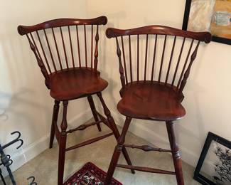 U63 - $550 PAIR. Warren Chair Works RI. TALL Wooden Stools. Measures 23" wide x 19.5" deep x 50.5" tall. Floor to Seat is 33.5". These are TALLER than usual bar stools. Check measurements!!! Sturdy. Overall in very good condition - one seat has more scratches than the other.