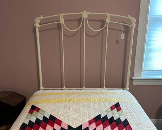 A24 - $400. Brass Beds of VA headboard + footboard. Off white color. Mattress is clean and included if you want it. PENDING A25 - $75. Twin size quilt in excellent condition. Hand Quilted. (Headboard measures 38" wide x 78" deep x 54" tall. Footboard measures 38" wide x 33" tall.)