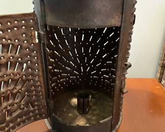 S42 - $70. Hand Punched Antique Paul Revere Candle Lantern. Measures 6.25" wide x 16.5" tall.