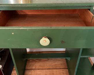 D49- $40. Vintage Small Wooden Desk painted green. Measures 29.75" wide x 16" deep x 30" tall.