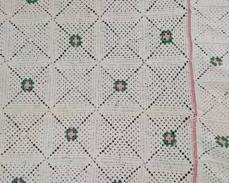 S15 - $60. Crocheted Bed Spread for a Queen Bed. Measures 116" wide x 95"Long (has staining and includes extra panels)
