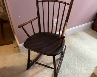 A22 - $40 Early Wooden Rocker. Measures 20" wide x 33" deep x 33.5" tall. Floor to Seat Measures 16".