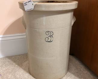 B10 - $65. Stenciled 3 Crock. Measures 10.25" wide x 14.25" tall. Minor chipping on handles & base.
