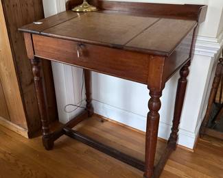 H9 - $450. Antique Solid Wood, Tall Slant Front Teacher Desk. Has Key! Measures 35.5" wide x 24.5" deep x 41.5" tall