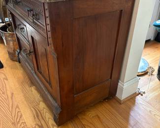 L1 - $300. Antique Edwardian Mahogany Marble Wash Stand. Top not attached and has a key. Measures 33.5" wide x 17.5" deep x 38" tall. Very good antique condition!