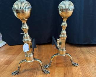 L41 - $150 PAIR. Cannonball Brass Andirons. Measures 10" wide x 17" deep x 17.5" tall. Webbed Foot Base.