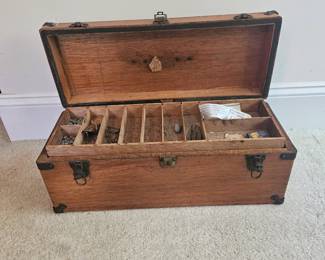U11 - $150. Antique Wooden Tackle Box - No key. Measures 20" wide x 8" deep x 8" tall.